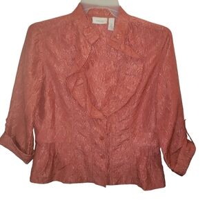 Chico's sz 1 button front short roll cap sleeve w/ruffle collar.